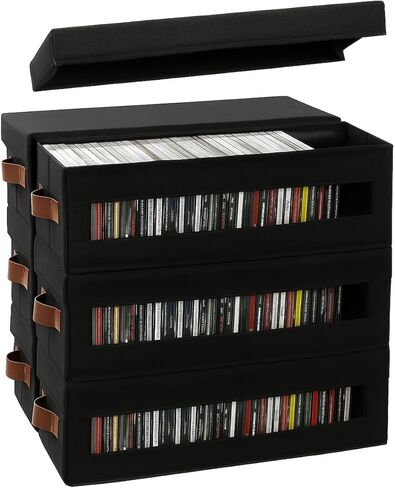 4 Packs CD Storage Box with Visible Window, Stackable CD Case Holder with Dustproof Lid and Handles, Holds Up to 148 CDs in Full Jewel Cases-15.75 x 6.10 x 5.31 Inches-Black in Saudi Arabia