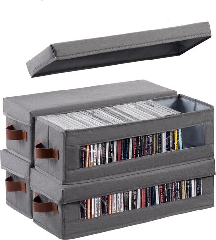 4 Packs CD Storage Box with Visible Window, Stackable CD Case Holder with Dustproof Lid and Handles, Holds Up to 148 CDs in Full Jewel Cases-15.75 x 6.10 x 5.31 Inches-Black in Saudi Arabia