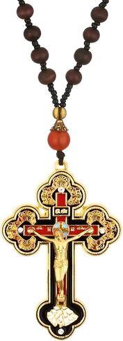 18K Yellow Gold Orthodox Prayer Rope Necklace, Crucifix Jesus Cross Pendant Necklace, Wooden Rosary Beaded Chain Necklace for Men Women Christian Religious Prayer Jewelry Bracelet anglican prayer beads, greek worry beads chotki komboskini in Saudi Arabia