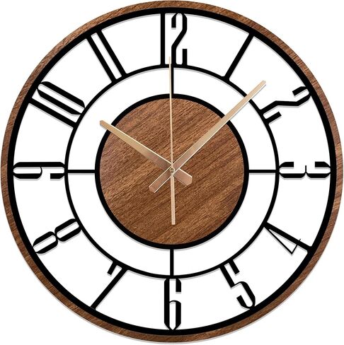 Metal Large Wall Clock, Black Metal with Wood Non Ticking, Silent Battery Operated Clocks for Home Living Room Farmhouse Kitchen Office Dining Room, Modern Round Wall Clock Decor, Housewarming Gift in Kuwait