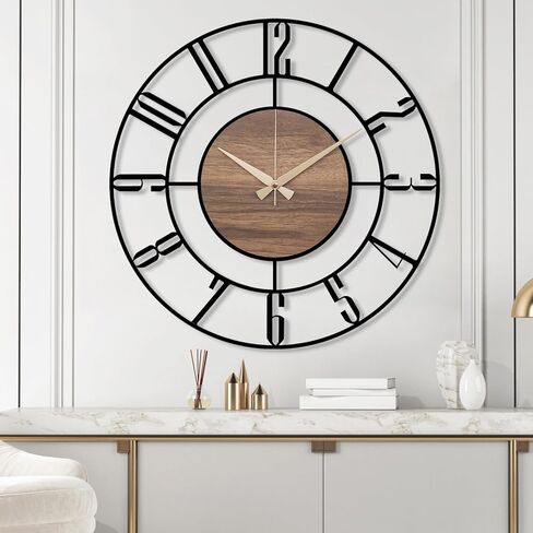 Metal Large Wall Clock, Black Metal with Wood Non Ticking, Silent Battery Operated Clocks for Home Living Room Farmhouse Kitchen Office Dining Room, Modern Round Wall Clock Decor, Housewarming Gift in Kuwait