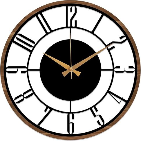 Metal Large Wall Clock, Black Metal with Wood Non Ticking, Silent Battery Operated Clocks for Home Living Room Farmhouse Kitchen Office Dining Room, Modern Round Wall Clock Decor, Housewarming Gift in Kuwait