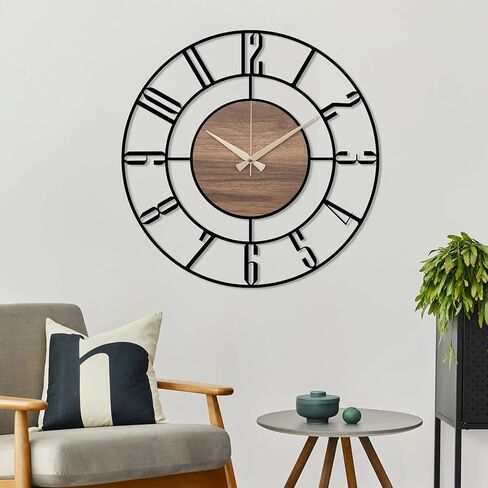Metal Large Wall Clock, Black Metal with Wood Non Ticking, Silent Battery Operated Clocks for Home Living Room Farmhouse Kitchen Office Dining Room, Modern Round Wall Clock Decor, Housewarming Gift in Kuwait