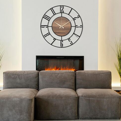 Metal Large Wall Clock, Black Metal with Wood Non Ticking, Silent Battery Operated Clocks for Home Living Room Farmhouse Kitchen Office Dining Room, Modern Round Wall Clock Decor, Housewarming Gift in Kuwait