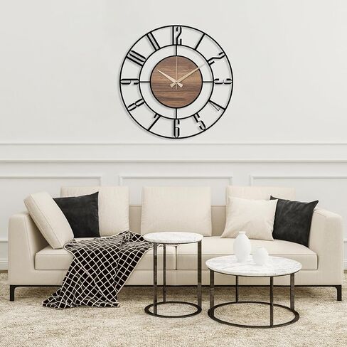 Metal Large Wall Clock, Black Metal with Wood Non Ticking, Silent Battery Operated Clocks for Home Living Room Farmhouse Kitchen Office Dining Room, Modern Round Wall Clock Decor, Housewarming Gift in Kuwait