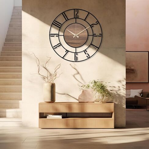 Metal Large Wall Clock, Black Metal with Wood Non Ticking, Silent Battery Operated Clocks for Home Living Room Farmhouse Kitchen Office Dining Room, Modern Round Wall Clock Decor, Housewarming Gift in Kuwait