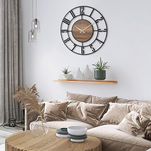 Metal Large Wall Clock, Black Metal with Wood Non Ticking, Silent Battery Operated Clocks for Home Living Room Farmhouse Kitchen Office Dining Room, Modern Round Wall Clock Decor, Housewarming Gift in Kuwait