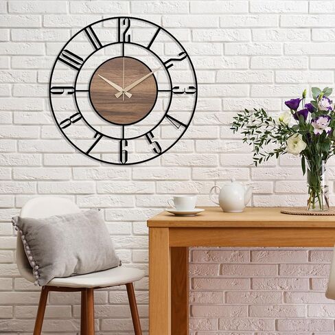 Metal Large Wall Clock, Black Metal with Wood Non Ticking, Silent Battery Operated Clocks for Home Living Room Farmhouse Kitchen Office Dining Room, Modern Round Wall Clock Decor, Housewarming Gift in Kuwait