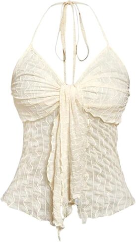 Verdusa Women's Textured Mesh Y2k Halter Top Bow Tie Slit Backless Going Out Tops in Saudi Arabia