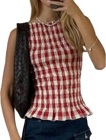 Shirred Tank Top Women Smocked Ruffle Frill Sleeveless Y2k Halter Peplum Top Ruffled Going Out Tops Streetwear in Saudi Arabia