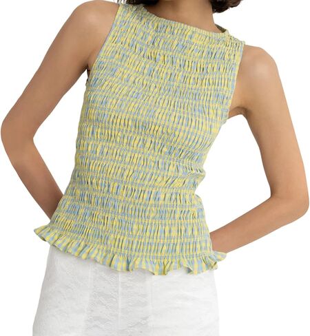 Shirred Tank Top Women Smocked Ruffle Frill Sleeveless Y2k Halter Peplum Top Ruffled Going Out Tops Streetwear in Saudi Arabia