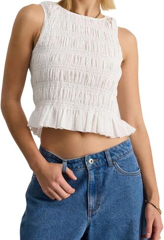 Shirred Tank Top Women Smocked Ruffle Frill Sleeveless Y2k Halter Peplum Top Ruffled Going Out Tops Streetwear in Saudi Arabia
