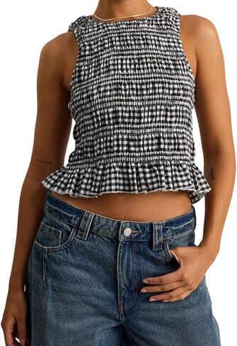Shirred Tank Top Women Smocked Ruffle Frill Sleeveless Y2k Halter Peplum Top Ruffled Going Out Tops Streetwear in Saudi Arabia