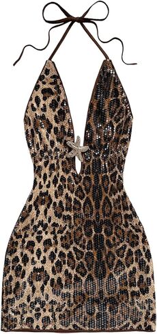 MakeMeChic Women's Glitter Sequin Halter Mini Dress Cheetah Print Tie Open Back Starfish Bodycon Party Dresses in Saudi Arabia