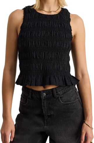 Shirred Tank Top Women Smocked Ruffle Frill Sleeveless Y2k Halter Peplum Top Ruffled Going Out Tops Streetwear in Saudi Arabia