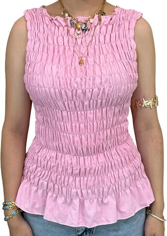 Shirred Tank Top Women Smocked Ruffle Frill Sleeveless Y2k Halter Peplum Top Ruffled Going Out Tops Streetwear in Saudi Arabia