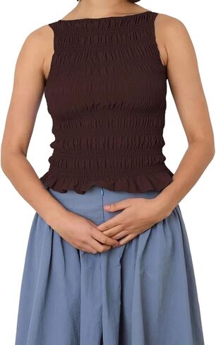 Shirred Tank Top Women Smocked Ruffle Frill Sleeveless Y2k Halter Peplum Top Ruffled Going Out Tops Streetwear in Saudi Arabia