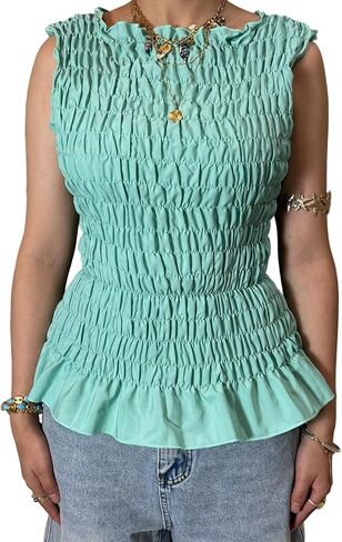 Shirred Tank Top Women Smocked Ruffle Frill Sleeveless Y2k Halter Peplum Top Ruffled Going Out Tops Streetwear in Saudi Arabia