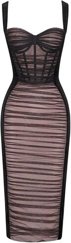 Women Shoulder Strap Midi Wedding Guest Dress Mesh Velvet Ruched Cocktail Party Dress in Saudi Arabia