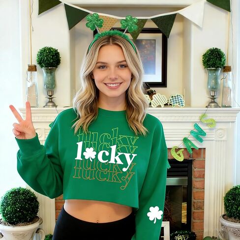 سويت شيرت Eatbook St Patrick's Day للسيدات، سويت شيرت برسومات أيرلندية مضحكة بأكمام طويلة، قميص Lucky Shamrock Lantern بأكمام طويلة in Kuwait