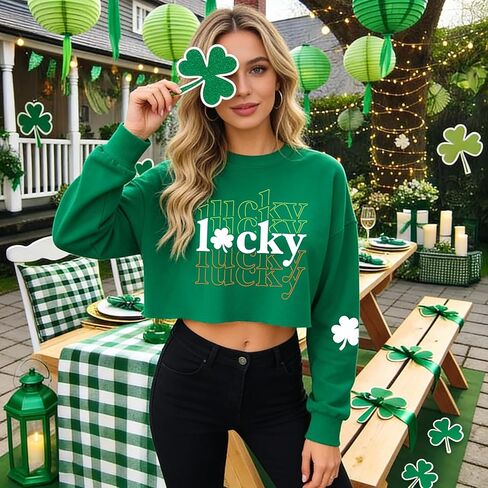 سويت شيرت Eatbook St Patrick's Day للسيدات، سويت شيرت برسومات أيرلندية مضحكة بأكمام طويلة، قميص Lucky Shamrock Lantern بأكمام طويلة in Kuwait