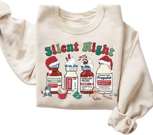 سويت شيرت Silent Night Christmas، قميص ممرضة عيد الميلاد، سترة عيد الميلاد الطبية، تي شيرت عيد الميلاد للممرضة ICU، سترة ممرضة للعطلات متعدد الألوان in Kuwait