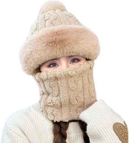 Winter Warm One-Piece Hat Elastic Soft Ear Protection Knitted Scarf Mask Hat Fleece Lined Beanie Hat for Womens in Saudi Arabia