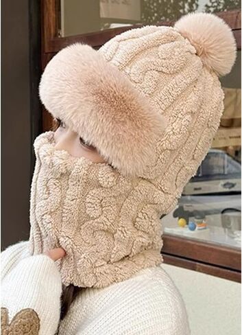 Winter Warm One-Piece Hat Elastic Soft Ear Protection Knitted Scarf Mask Hat Fleece Lined Beanie Hat for Womens in Saudi Arabia