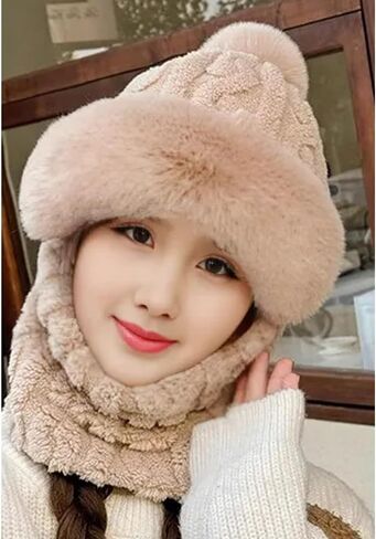 Winter Warm One-Piece Hat Elastic Soft Ear Protection Knitted Scarf Mask Hat Fleece Lined Beanie Hat for Womens in Saudi Arabia