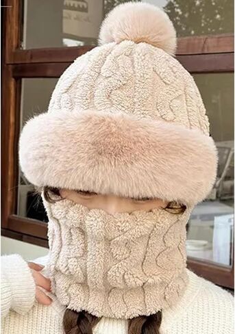 Winter Warm One-Piece Hat Elastic Soft Ear Protection Knitted Scarf Mask Hat Fleece Lined Beanie Hat for Womens in Saudi Arabia