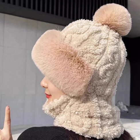Winter Warm One-Piece Hat Elastic Soft Ear Protection Knitted Scarf Mask Hat Fleece Lined Beanie Hat for Womens in Saudi Arabia