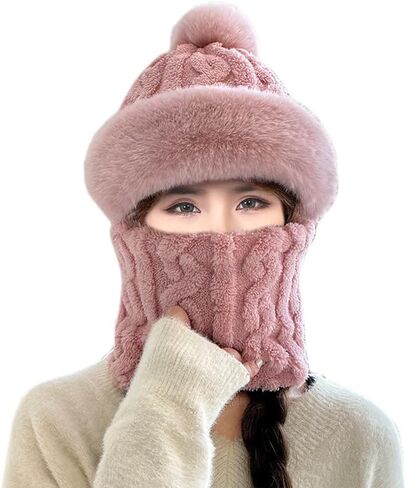 Winter Warm One-Piece Hat Elastic Soft Ear Protection Knitted Scarf Mask Hat Fleece Lined Beanie Hat for Womens in Saudi Arabia