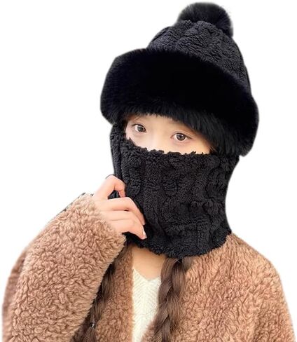 Winter Warm One-Piece Hat Elastic Soft Ear Protection Knitted Scarf Mask Hat Fleece Lined Beanie Hat for Womens in Saudi Arabia