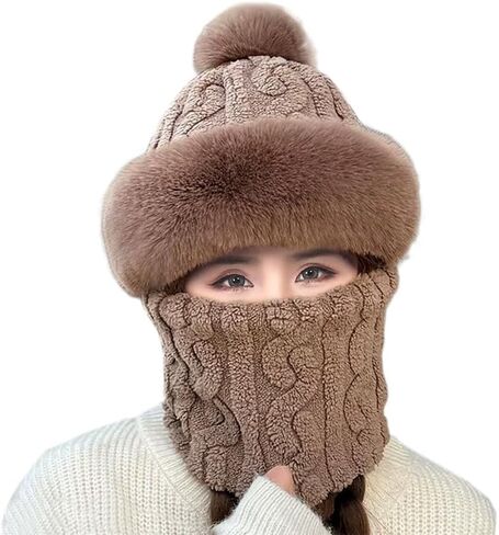 Winter Warm One-Piece Hat Elastic Soft Ear Protection Knitted Scarf Mask Hat Fleece Lined Beanie Hat for Womens in Saudi Arabia