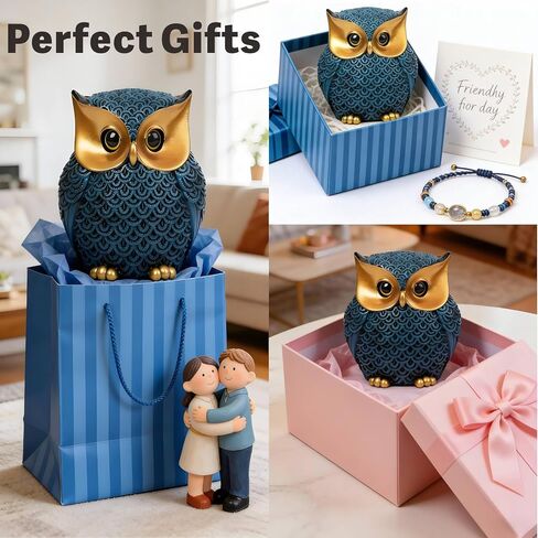 تماثيل البومة لديكور المنزل، ديكورات البومة للمنزل، ديكورات البومة للمنزل والمكتب والرف - هدايا البومة للنساء، تمثال بومة لطيف (أزرق) in Kuwait