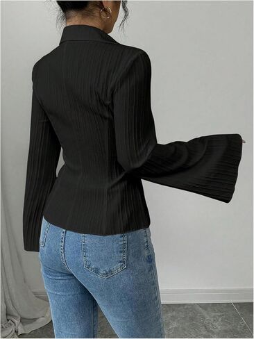 GORGLITTER Women's Bell Sleeve Button Up Shirt Collared Long Sleeve Fitted Ruched Textured Dressy Casual Work Blouse in Saudi Arabia