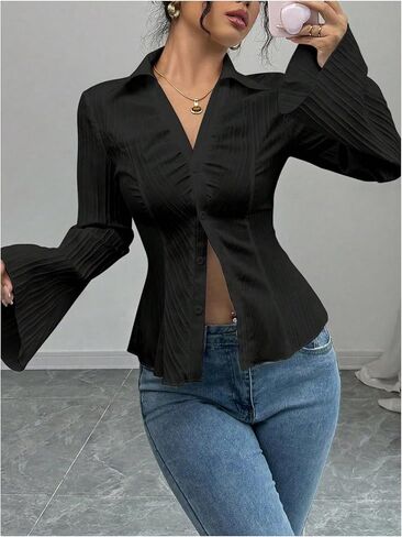 GORGLITTER Women's Bell Sleeve Button Up Shirt Collared Long Sleeve Fitted Ruched Textured Dressy Casual Work Blouse in Saudi Arabia