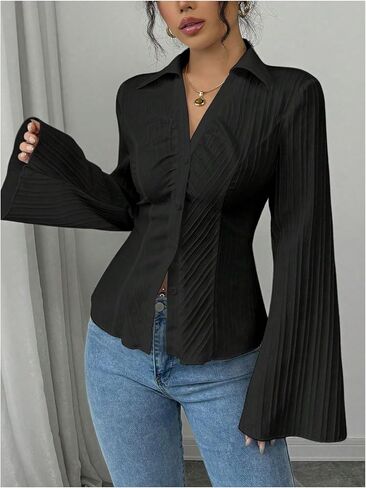 GORGLITTER Women's Bell Sleeve Button Up Shirt Collared Long Sleeve Fitted Ruched Textured Dressy Casual Work Blouse in Saudi Arabia