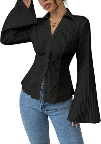 GORGLITTER Women's Bell Sleeve Button Up Shirt Collared Long Sleeve Fitted Ruched Textured Dressy Casual Work Blouse in Saudi Arabia