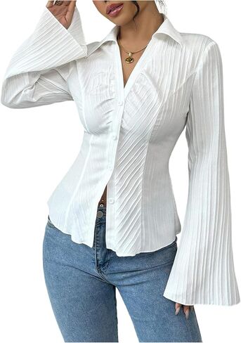 GORGLITTER Women's Bell Sleeve Button Up Shirt Collared Long Sleeve Fitted Ruched Textured Dressy Casual Work Blouse in Saudi Arabia