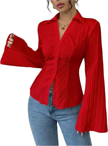 GORGLITTER Women's Bell Sleeve Button Up Shirt Collared Long Sleeve Fitted Ruched Textured Dressy Casual Work Blouse in Saudi Arabia