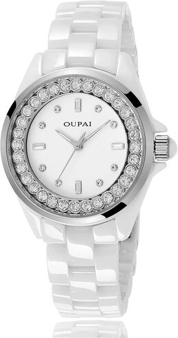 ساعات OUPAI من السيراميك الأبيض للنساء، ساعة يد نسائية أنيقة مع كوارتز مقاوم للماء من الماس in Kuwait