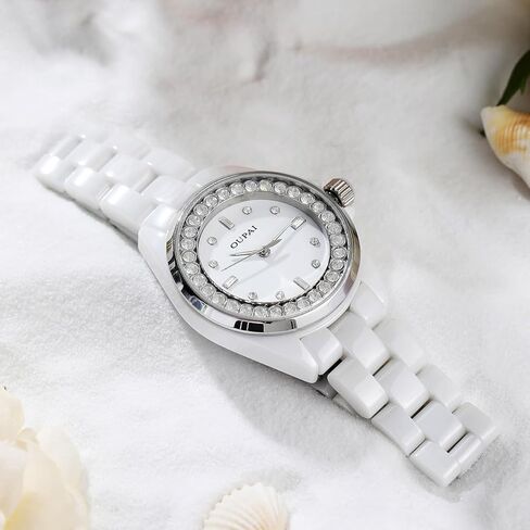 ساعات OUPAI من السيراميك الأبيض للنساء، ساعة يد نسائية أنيقة مع كوارتز مقاوم للماء من الماس in Kuwait