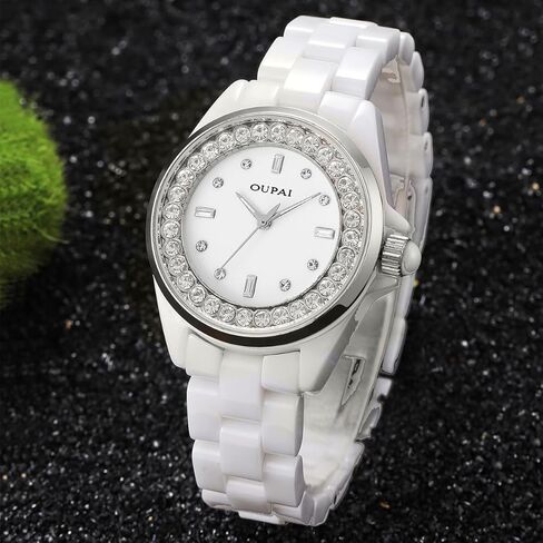 ساعات OUPAI من السيراميك الأبيض للنساء، ساعة يد نسائية أنيقة مع كوارتز مقاوم للماء من الماس in Kuwait