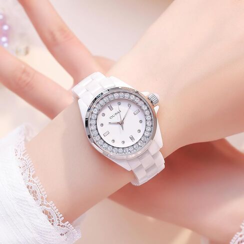 ساعات OUPAI من السيراميك الأبيض للنساء، ساعة يد نسائية أنيقة مع كوارتز مقاوم للماء من الماس in Kuwait