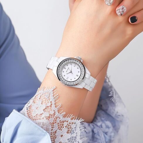 ساعات OUPAI من السيراميك الأبيض للنساء، ساعة يد نسائية أنيقة مع كوارتز مقاوم للماء من الماس in Kuwait