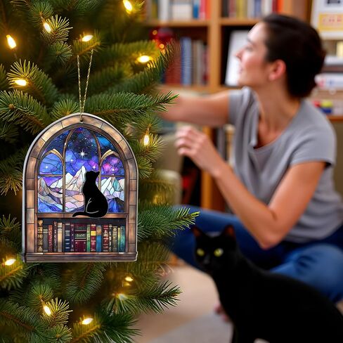 Hyturtle Book Lovers Suncatcher Ornament 2025 – Black Cat Window Hanging, Book Themed Christmas Tree Decoration, Librarian Gift, Book Club Ornament, Unique Bookish Keepsake for Readers, 5" in Saudi Arabia