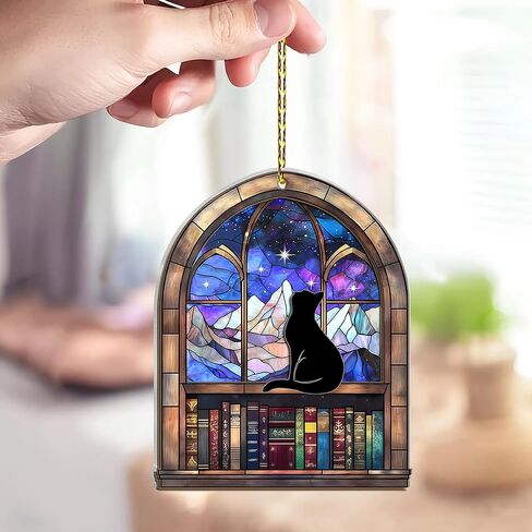 Hyturtle Book Lovers Suncatcher Ornament 2025 – Black Cat Window Hanging, Book Themed Christmas Tree Decoration, Librarian Gift, Book Club Ornament, Unique Bookish Keepsake for Readers, 5" in Saudi Arabia