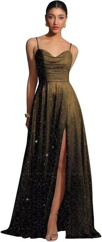 Dvdci Sparkly Prom Dresses 2026 Spaghetti Straps Glitter Pleated Slit Formal Evening Dresses for Women in Kuwait