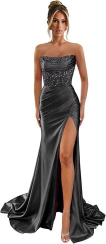 HIZWI Strapless Sequin Prom Dresses for Women Long Mermaid Lace Applique Pleated Satin Formal Evening Gowns in Saudi Arabia